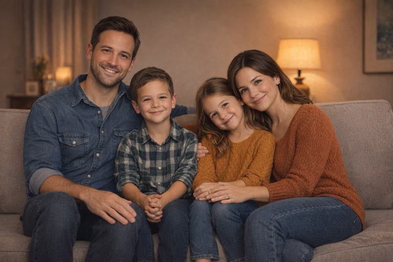 Family photo preview with parents and children sitting together at home